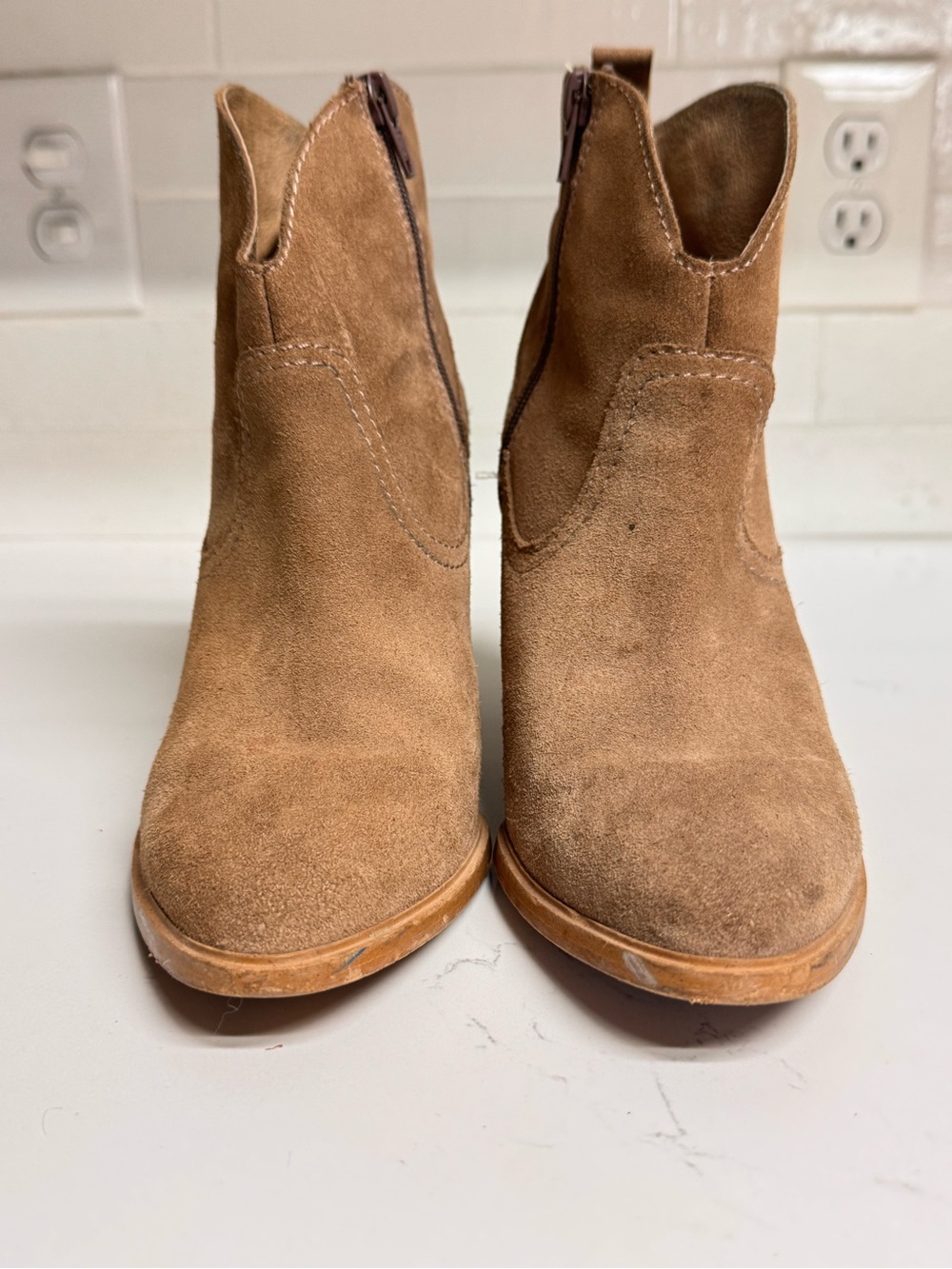 Pure Navy Taupe Suede and Leather Heel Cowboy Booties Size 8.5 - Picture 2 of 8